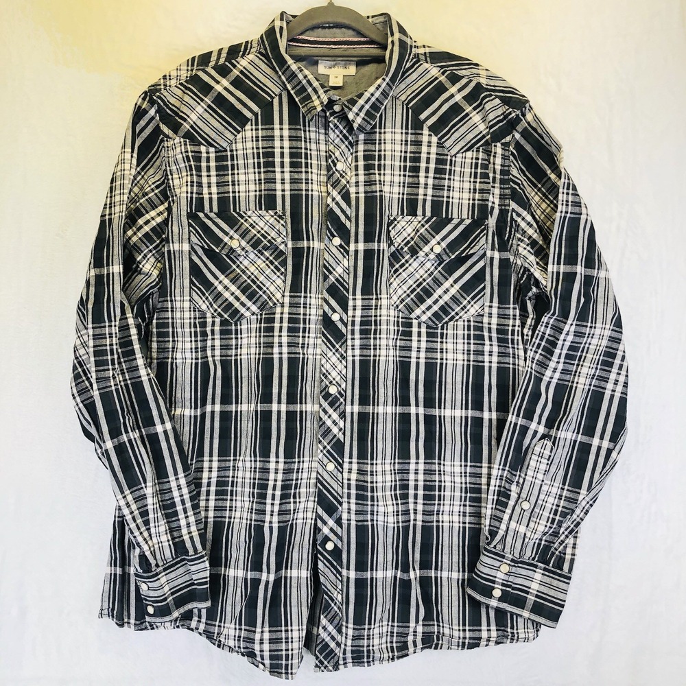 Sun Stone Mens XXL Plaid Shirt Long Sleeve Pearl Snap Western Black White AB